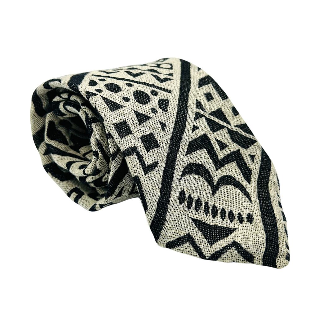 Vintage 90s Prochownick Black Cream Tribal Geometric Abstract Wide Necktie